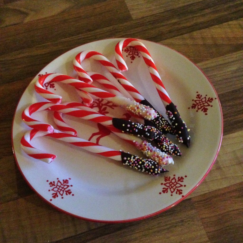 Hot chocolate spoons & stirrers made with chocolate, candy canes